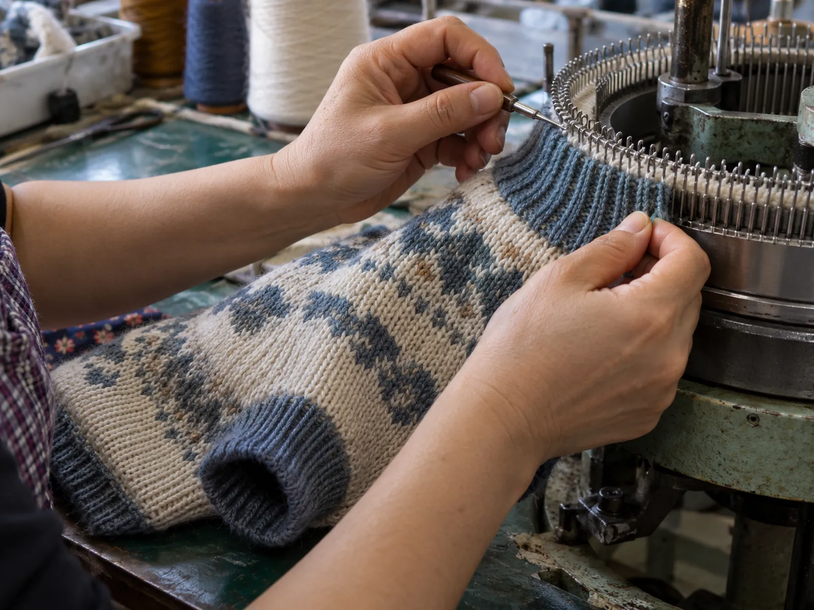 Illustration (AI-generated): hands linking the ribbed collar of a small dog sweater on a dial linking machine
