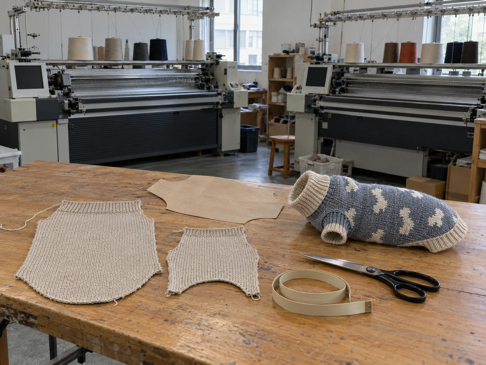 Illustration (AI-generated): knitted back and belly panels, a paper pattern and a finished dog sweater sample on a sample-room table, with flat knitting machines behind