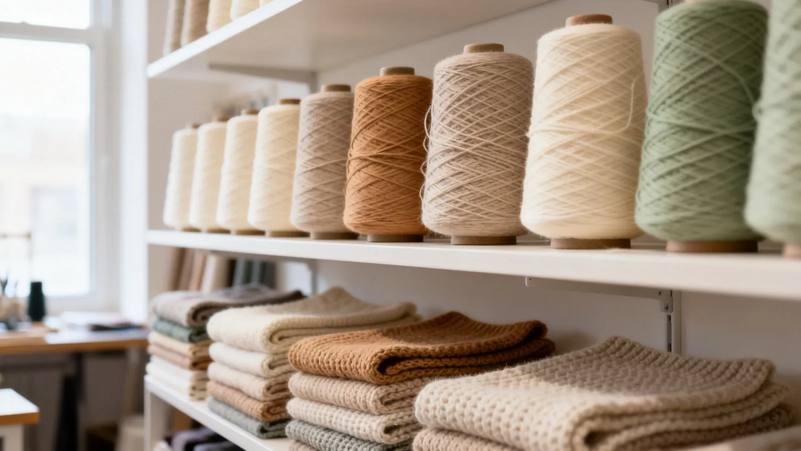 Illustration (AI-generated): yarn cones and knitted fabric swatches on shelves