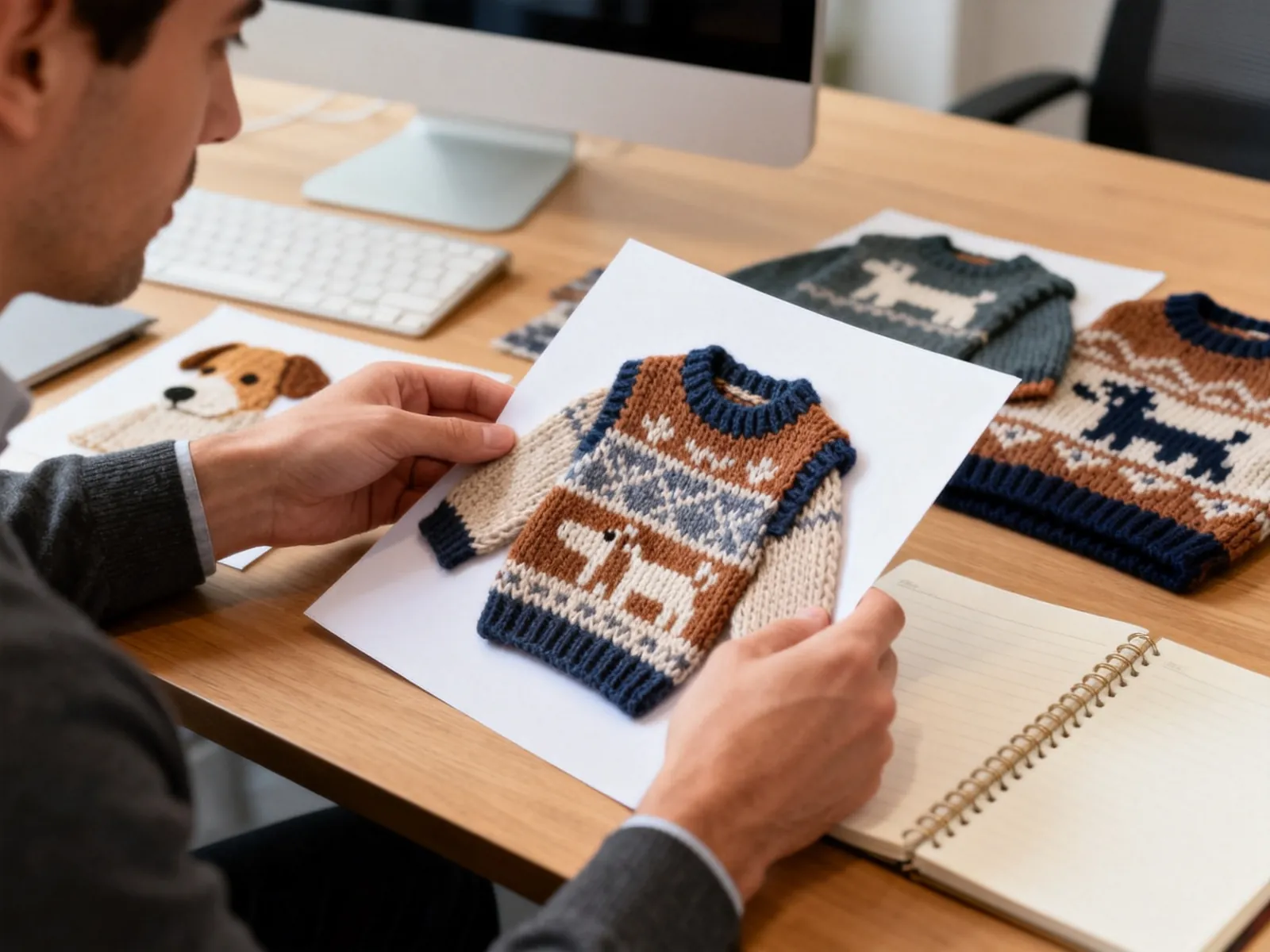 Illustration (AI-generated): reviewing knit dog sweater samples and notes at a desk