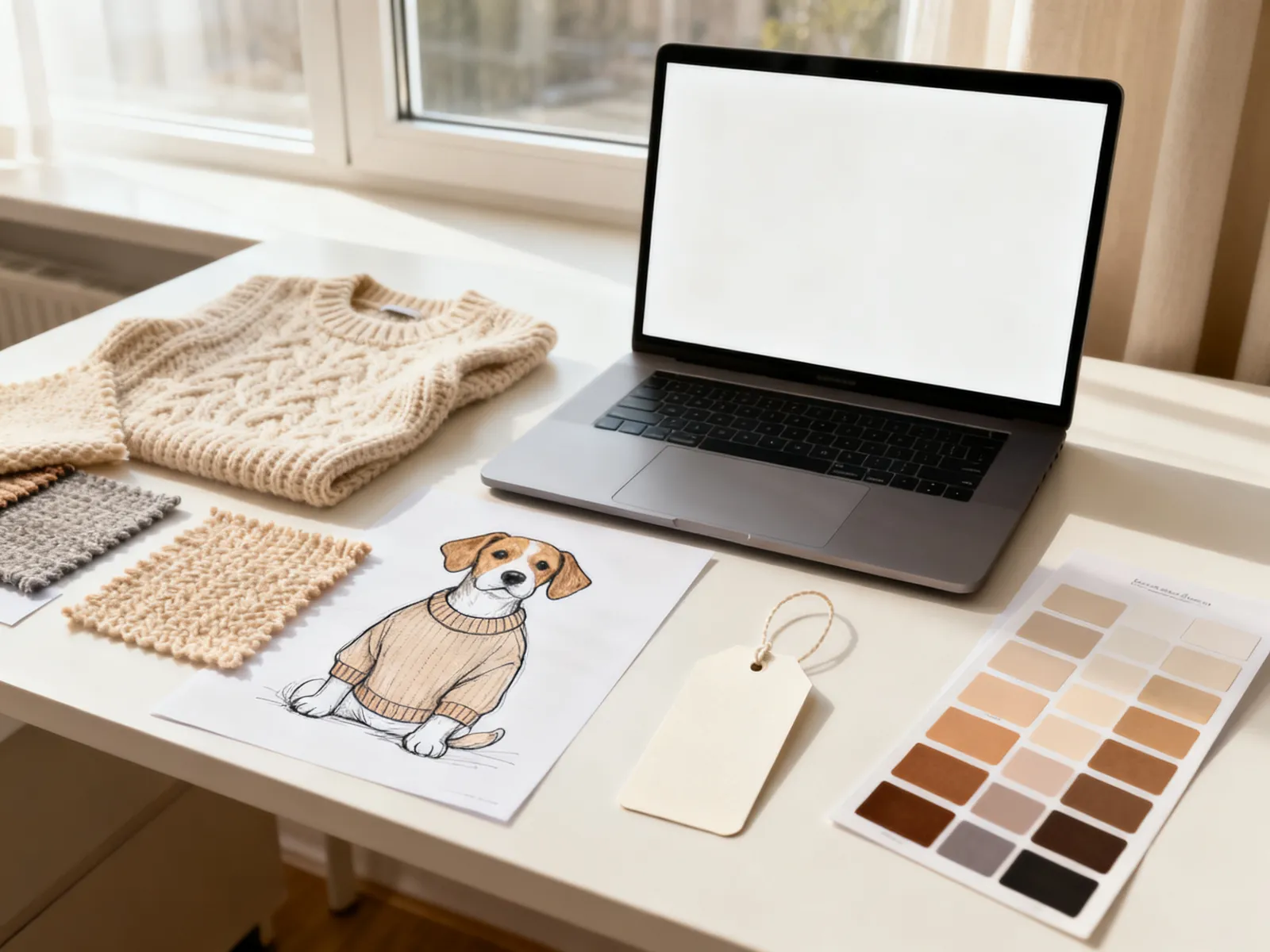 Illustration (AI-generated): mood board with knit swatches and a dog sweater sketch