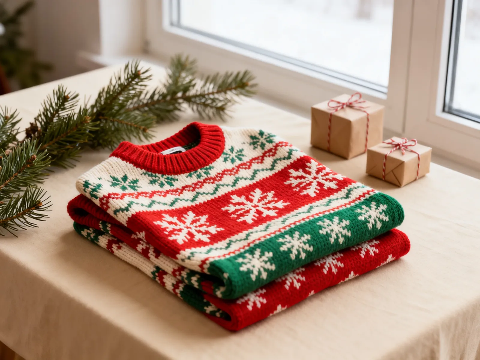 Illustration (AI-generated): Fair Isle Christmas dog sweaters with pine branches