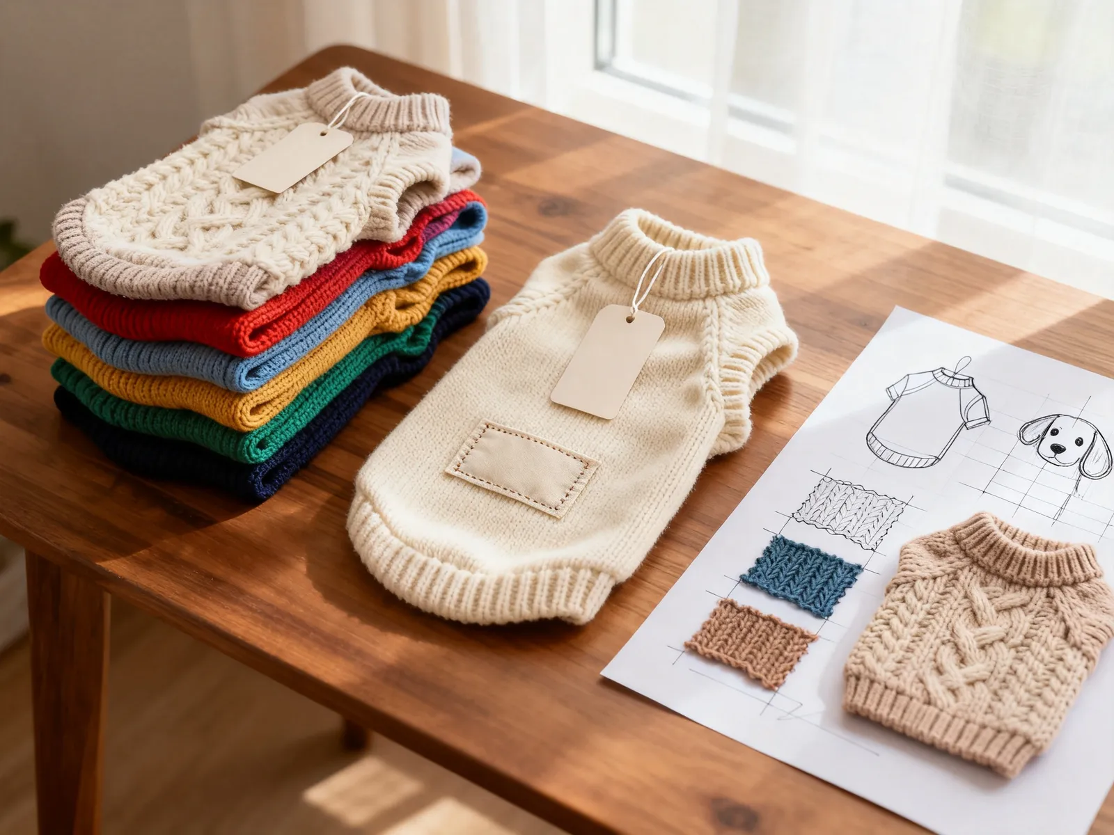 Illustration (AI-generated): ready-made, private label and custom-developed dog sweaters compared