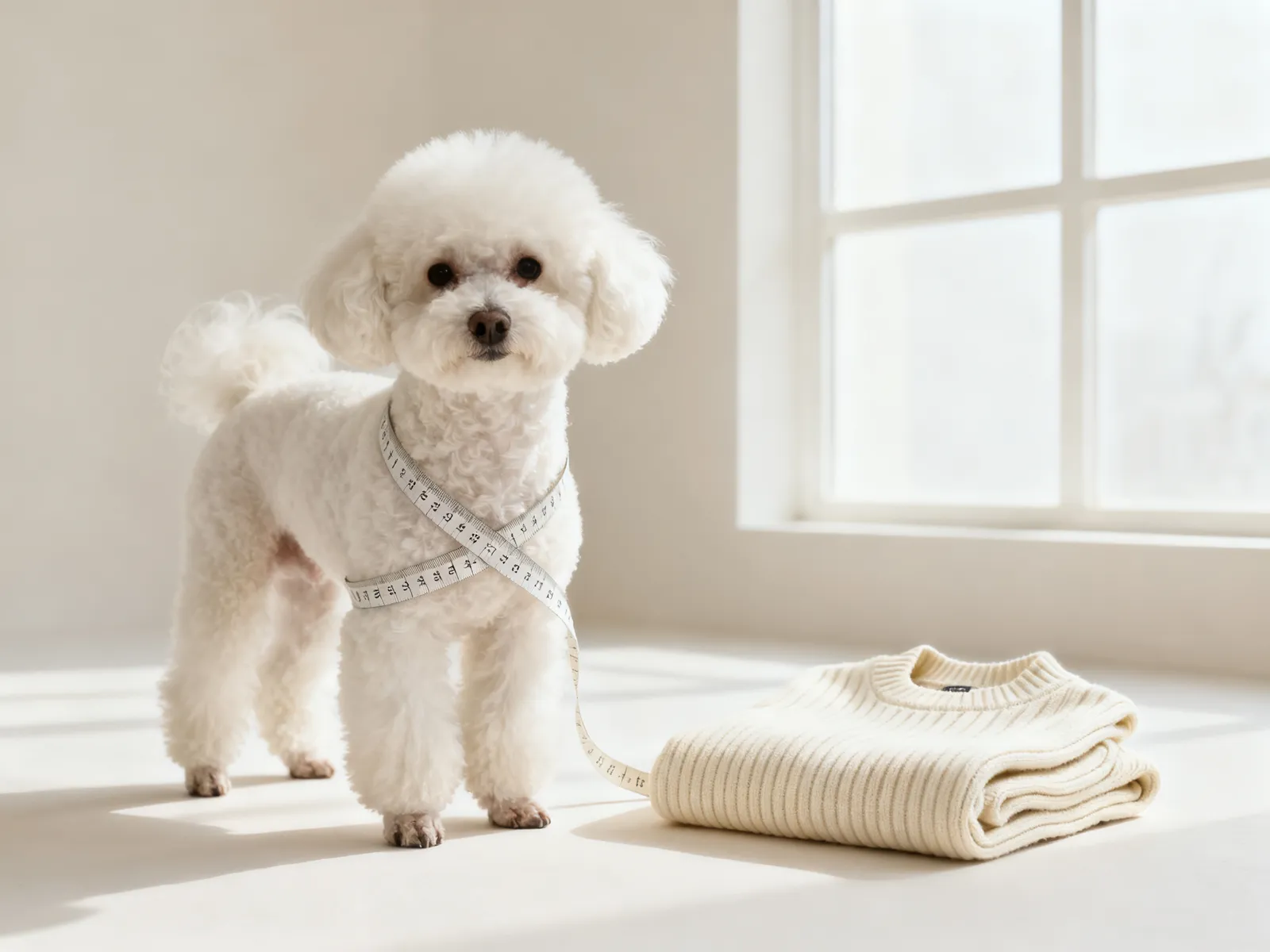 Illustration (AI-generated): measuring a small dog's chest for sweater sizing