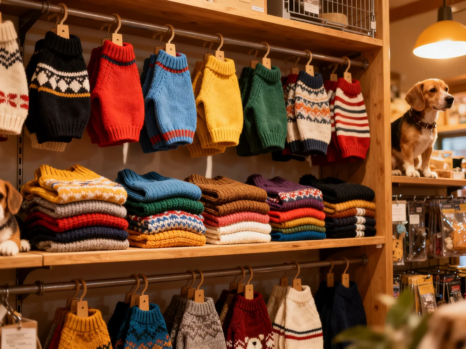Illustration (AI-generated): a pet boutique shelf with folded and hanging knit dog sweaters
