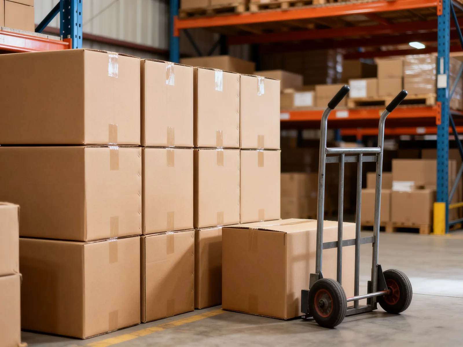 Illustration (AI-generated): sealed cartons stacked in a warehouse shipping area