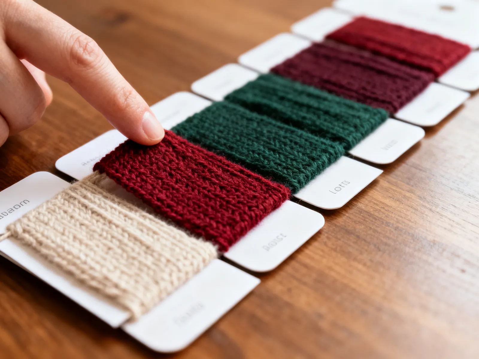 Illustration (AI-generated): a row of knit color swatches from oatmeal to forest green and burgundy