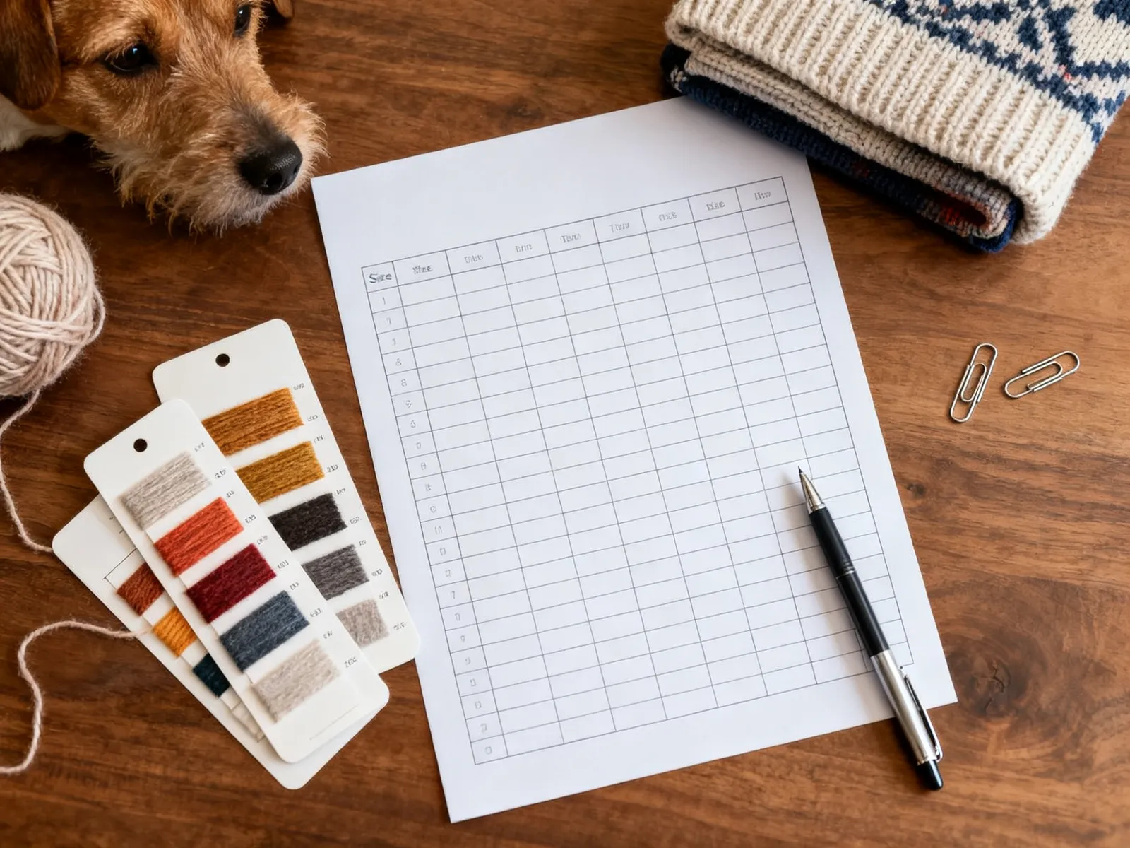 Illustration (AI-generated): blank measurement chart, yarn color card and a folded dog sweater on a desk