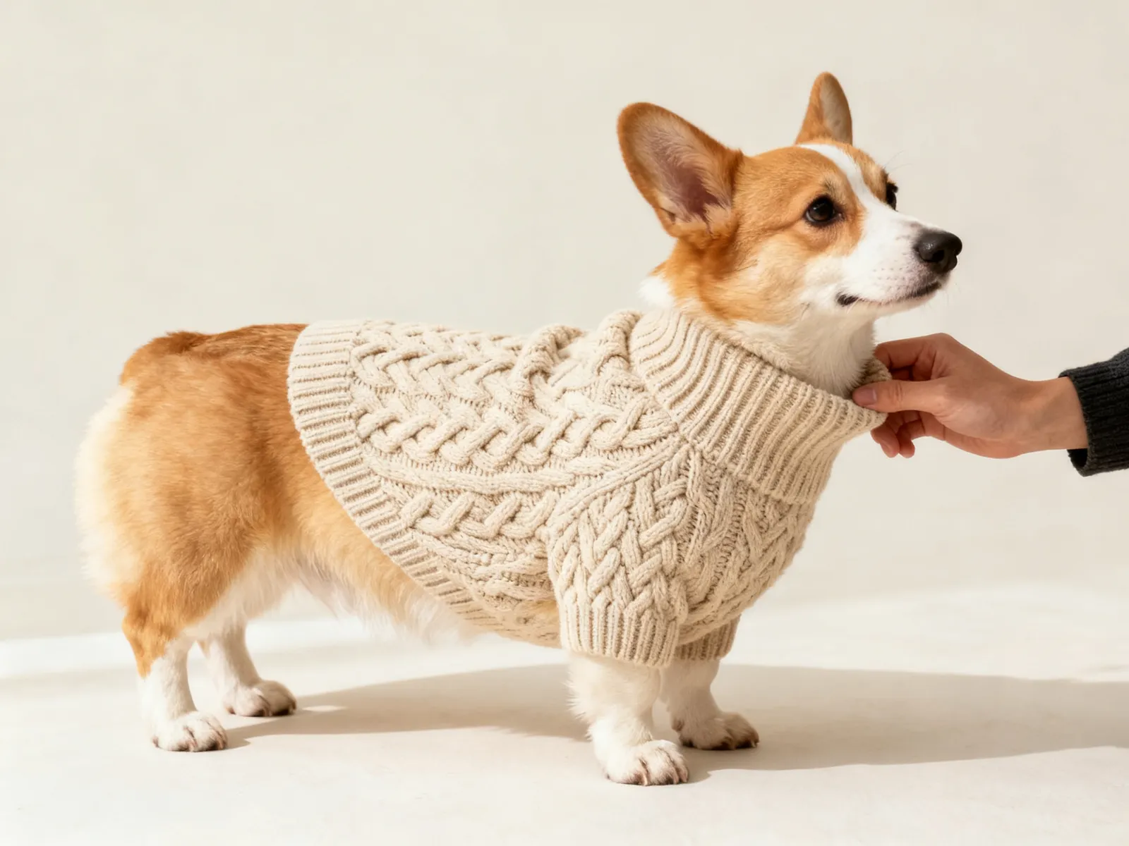 Illustration (AI-generated): a corgi wearing an oatmeal cable-knit sweater while the collar is adjusted
