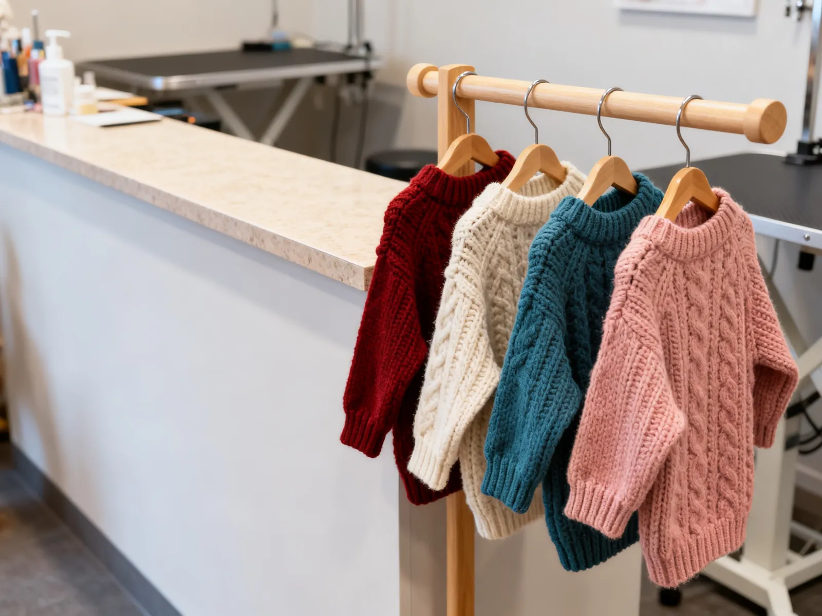Illustration (AI-generated): knit dog sweaters on a small rail in a grooming salon