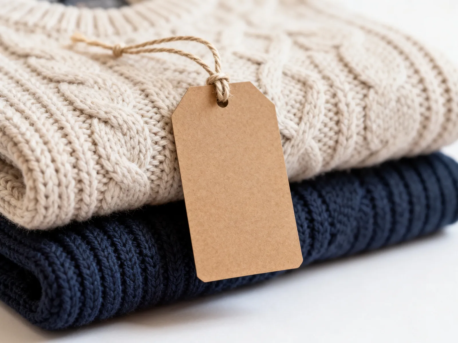 Illustration (AI-generated): a blank kraft hangtag tied to a folded knit dog sweater