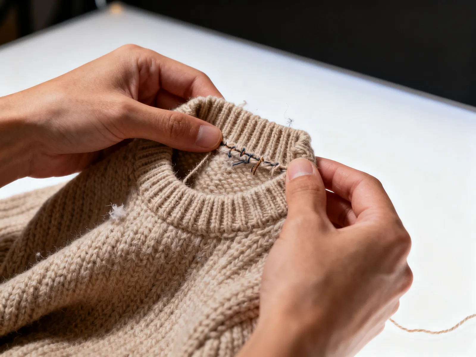 Illustration (AI-generated): hands checking the seams and ribbed collar of a knitted dog sweater