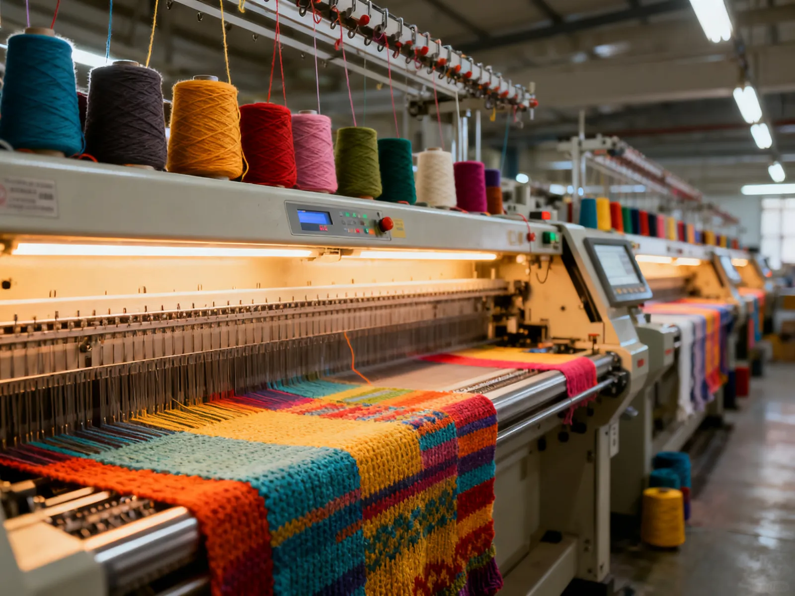 Illustration (AI-generated): computerized flat-knitting machines with colored yarn cones in a knitwear workshop