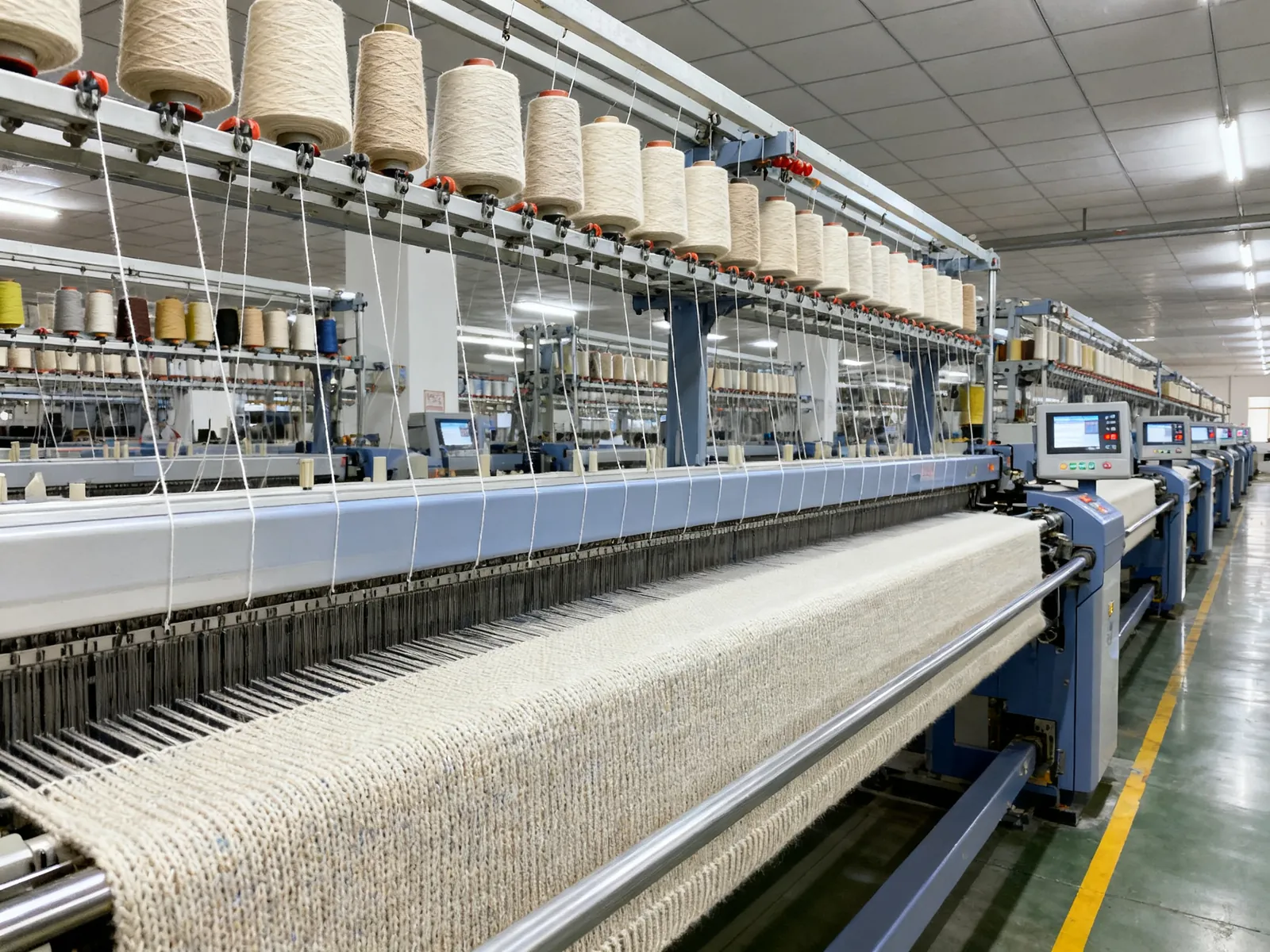 Illustration (AI-generated): a row of computerized flat-knitting machines in a knitting workshop