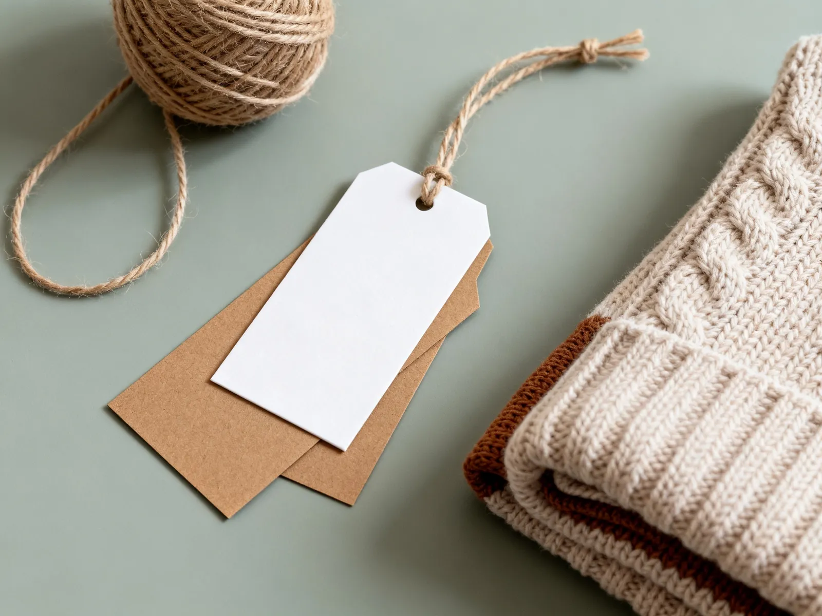 Illustration (AI-generated): blank kraft hangtags and a woven label on a folded knit dog sweater