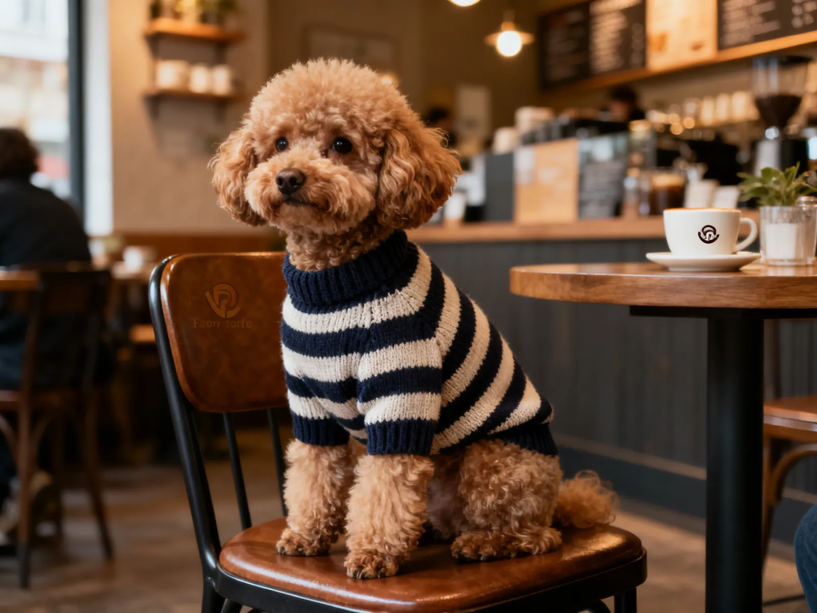 Illustration (AI-generated): a toy poodle in a striped sweater on a cafe chair