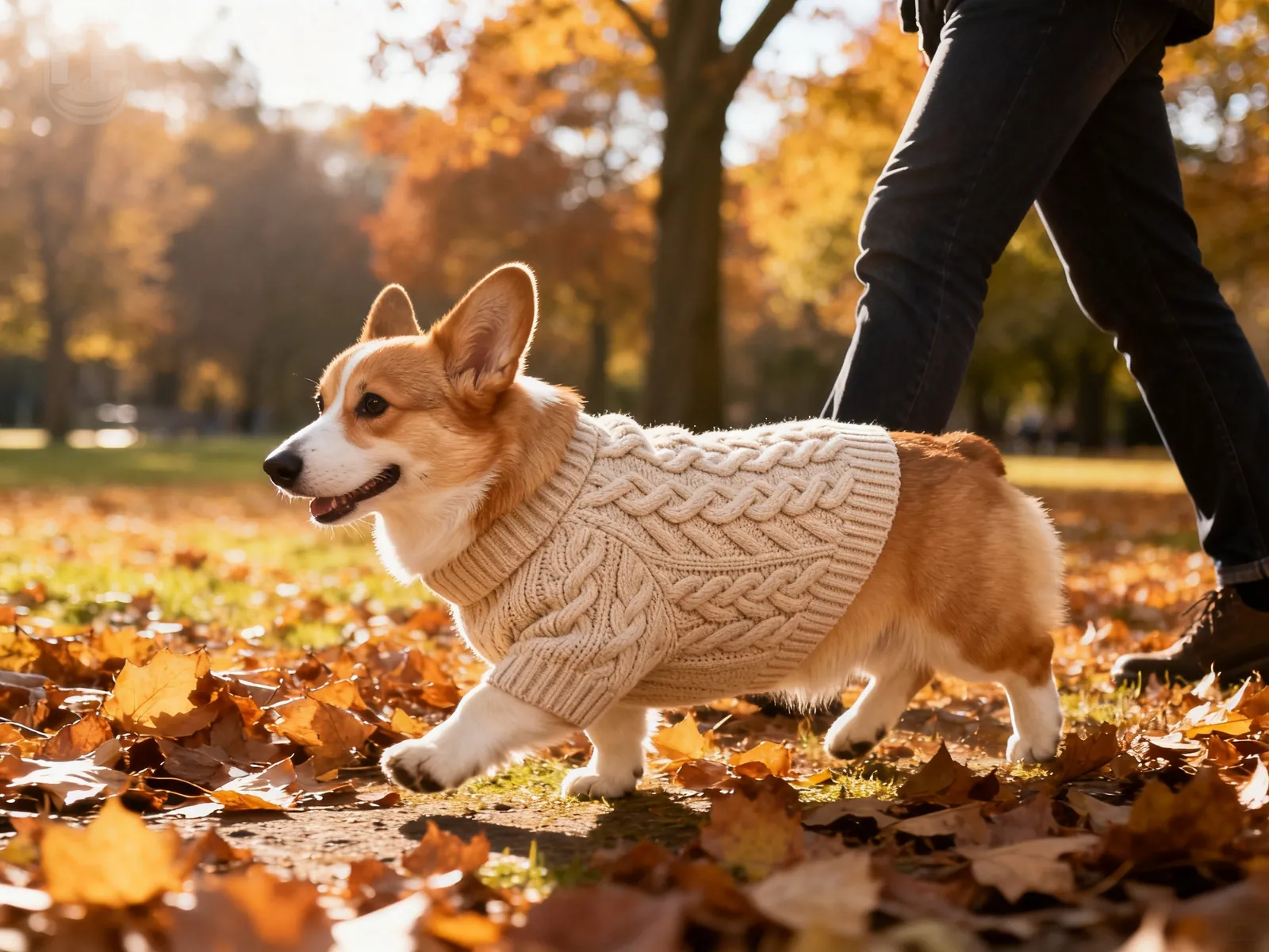 Illustration (AI-generated): a corgi in an oatmeal cable-knit sweater walking on autumn leaves