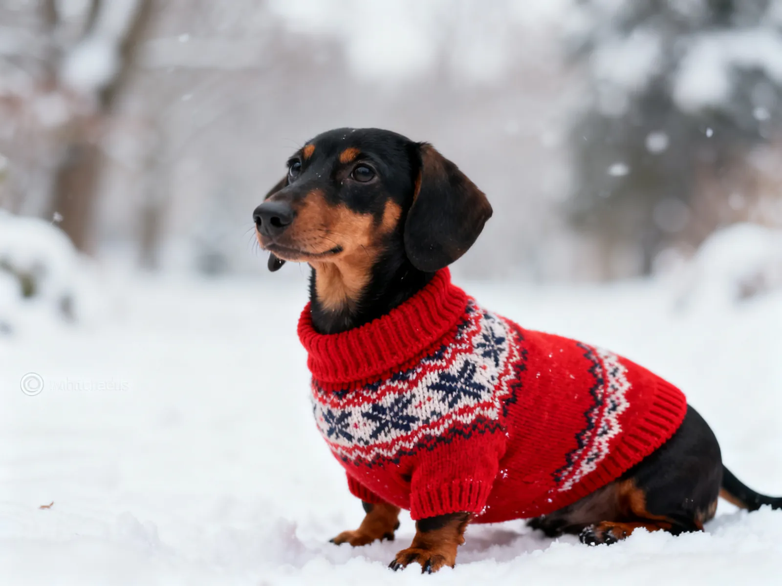 Illustration (AI-generated): a dachshund in a red Fair Isle sweater in the snow