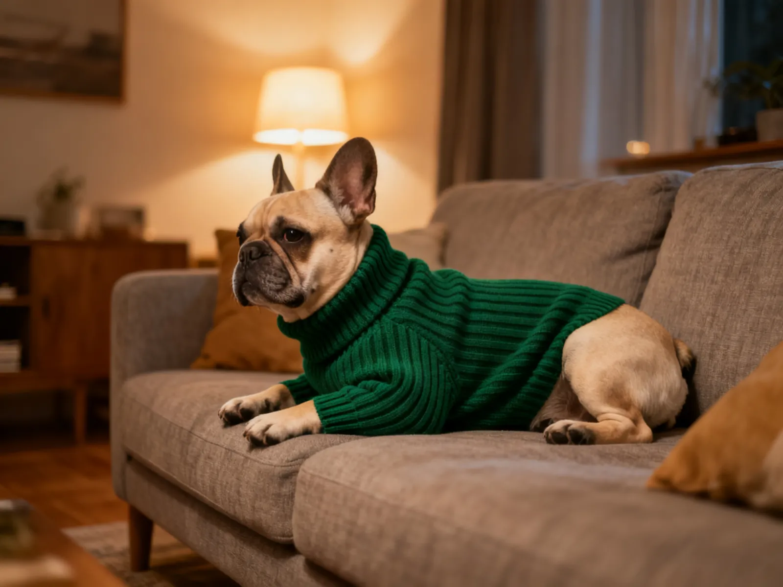 Illustration (AI-generated): a French bulldog in a green ribbed turtleneck sweater on a sofa