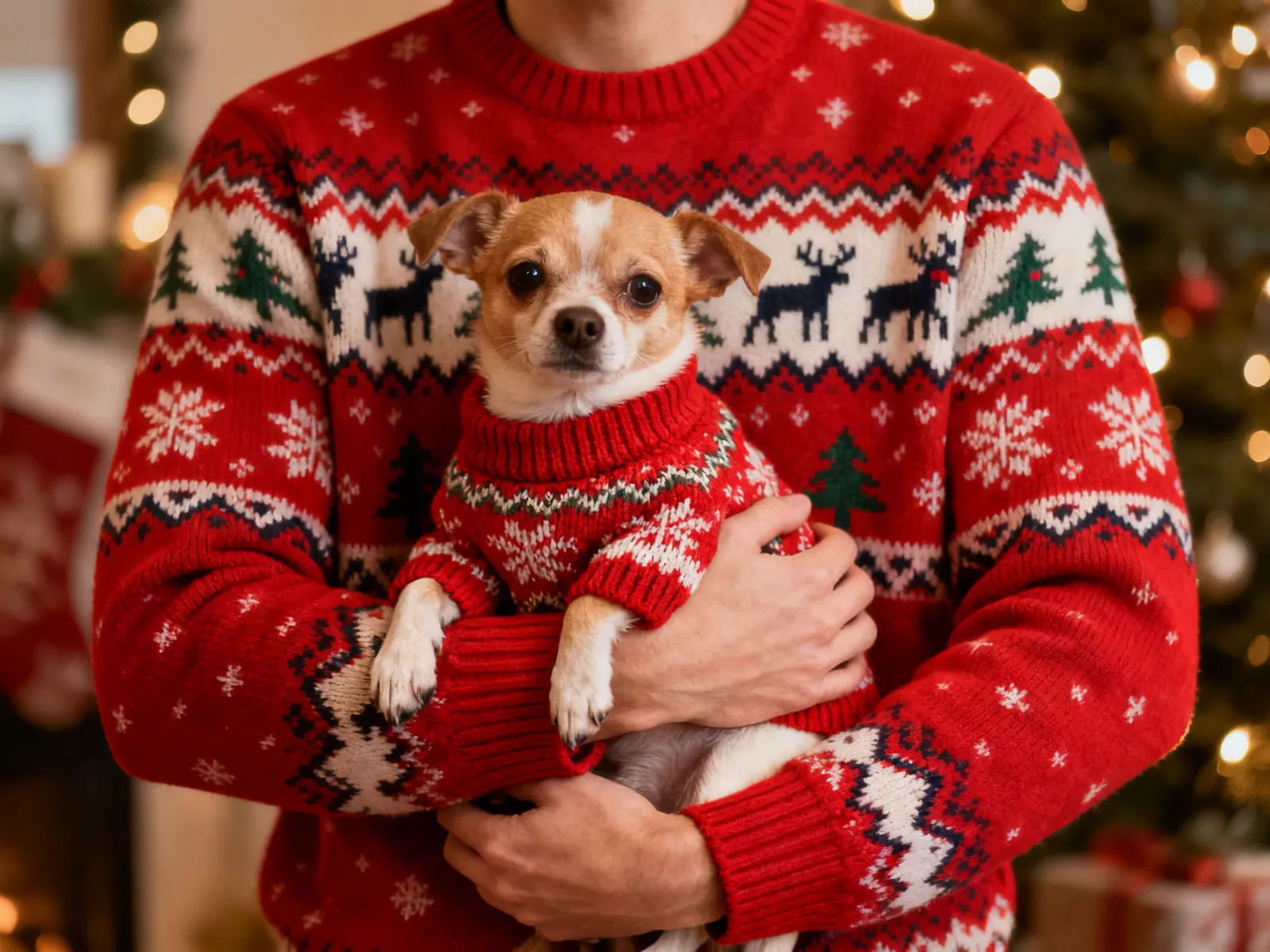 Illustration (AI-generated): an owner and a small dog in matching red Fair Isle sweaters