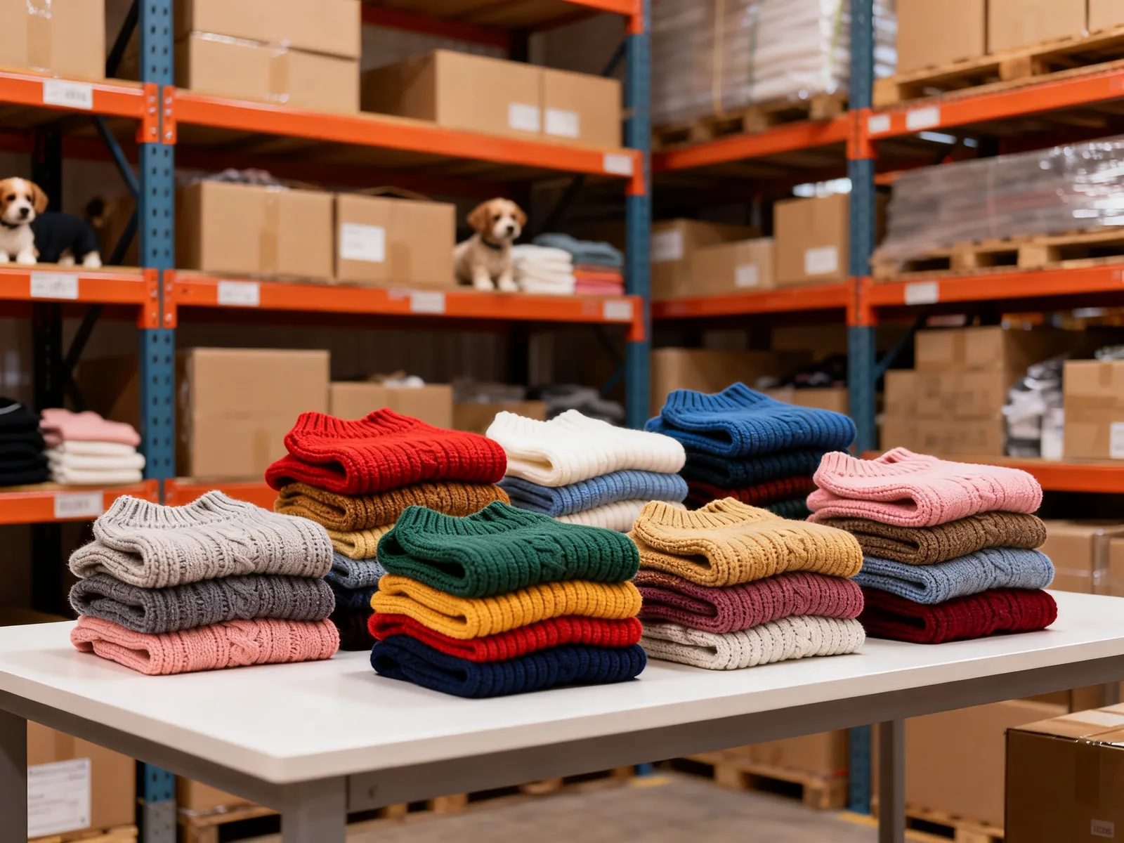Illustration (AI-generated): assorted small knitted dog sweaters stacked by size on a warehouse packing table
