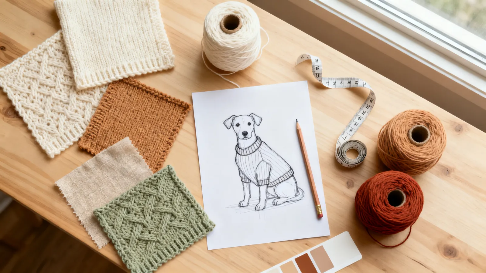 Illustration (AI-generated): knit swatches, yarn cones and a dog sweater sketch on a worktable