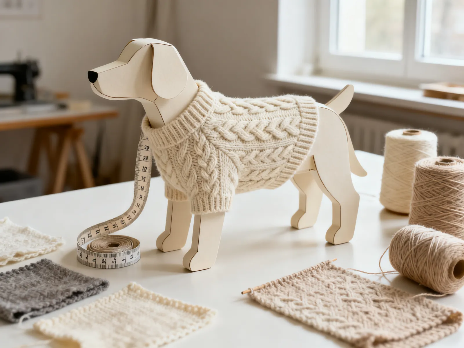 Illustration (AI-generated): cable-knit dog sweater sample on a display form with measuring tape