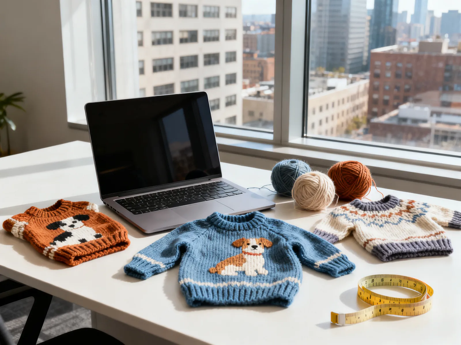 Illustration (AI-generated): sourcing office desk with a laptop, knitted pet sweater samples, yarn and a tape measure