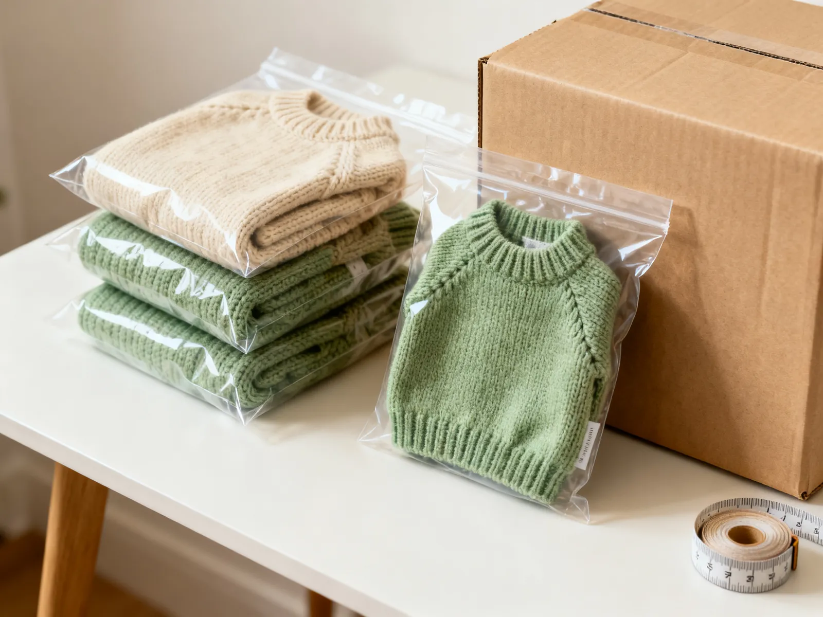 Illustration (AI-generated): folded knitted dog sweaters packed in clear polybags beside a shipping carton