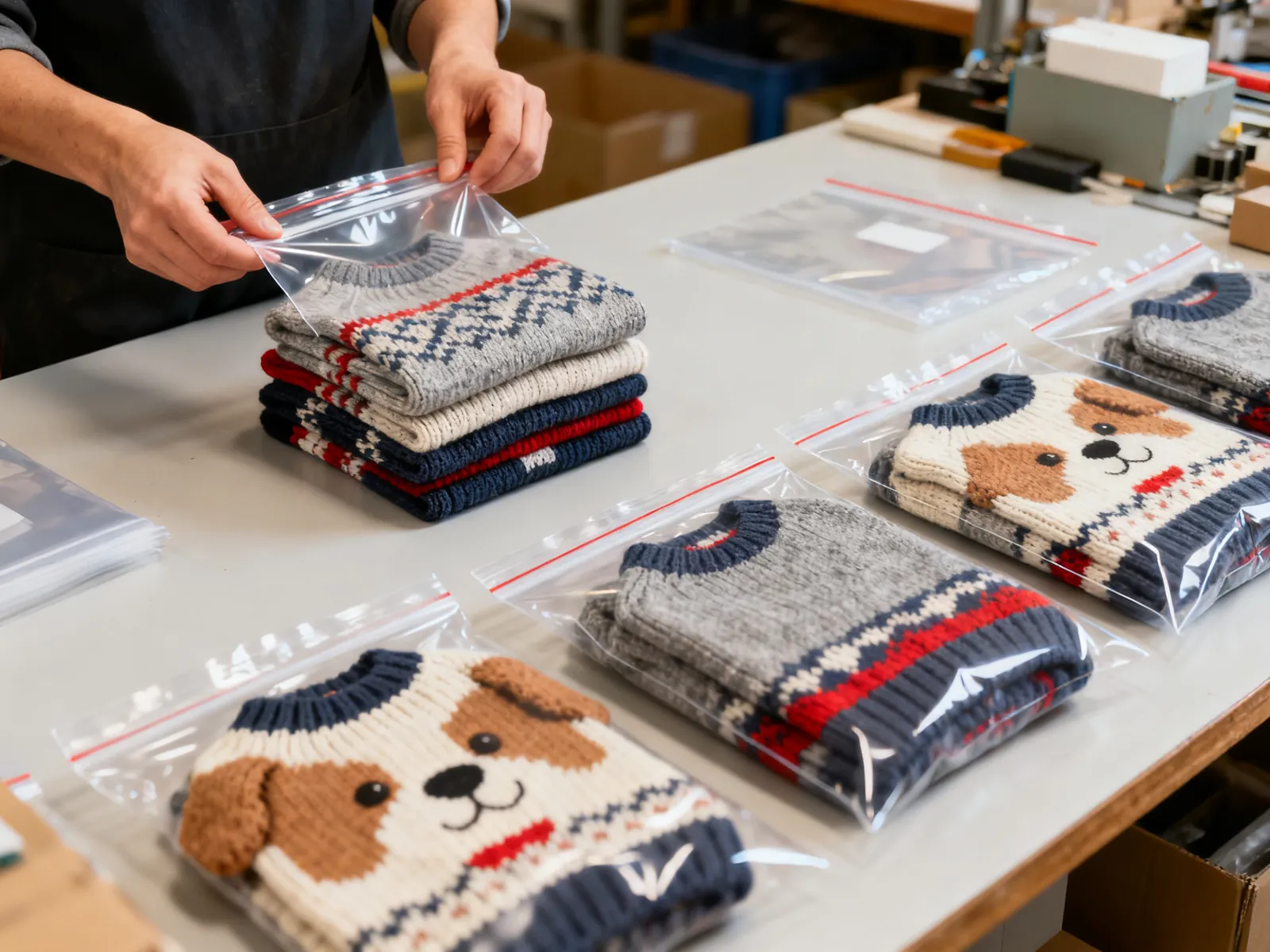 Illustration (AI-generated): folding knit dog sweaters into clear bags on a packing table