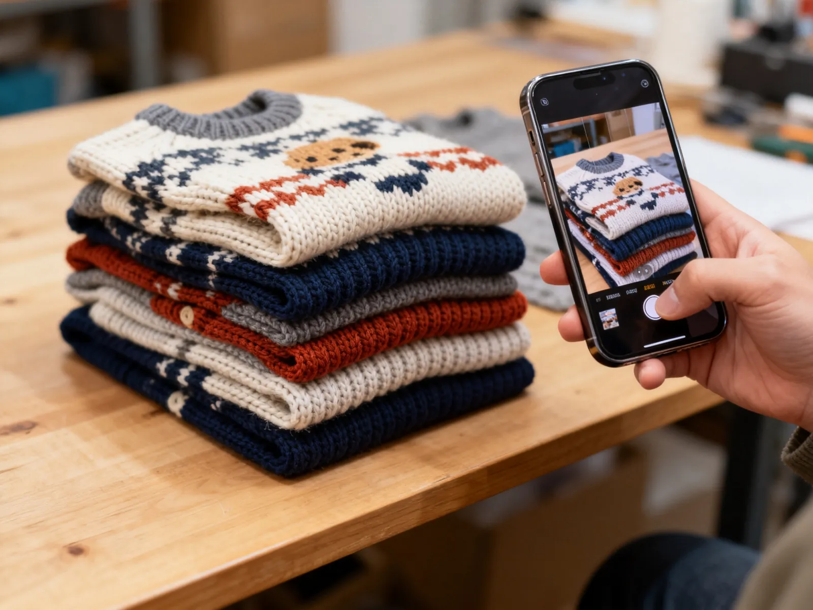 Illustration (AI-generated): a phone photographing a stack of finished dog sweaters for buyer approval before shipping