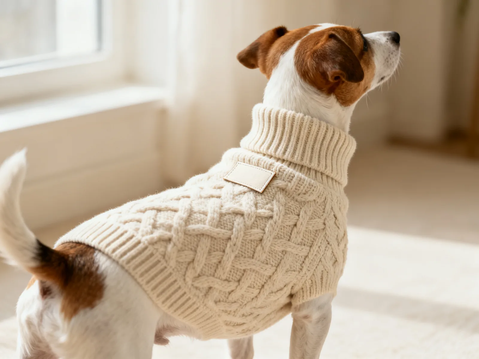 Illustration (AI-generated): small dog wearing an oatmeal cable-knit sweater with a blank woven label below the collar