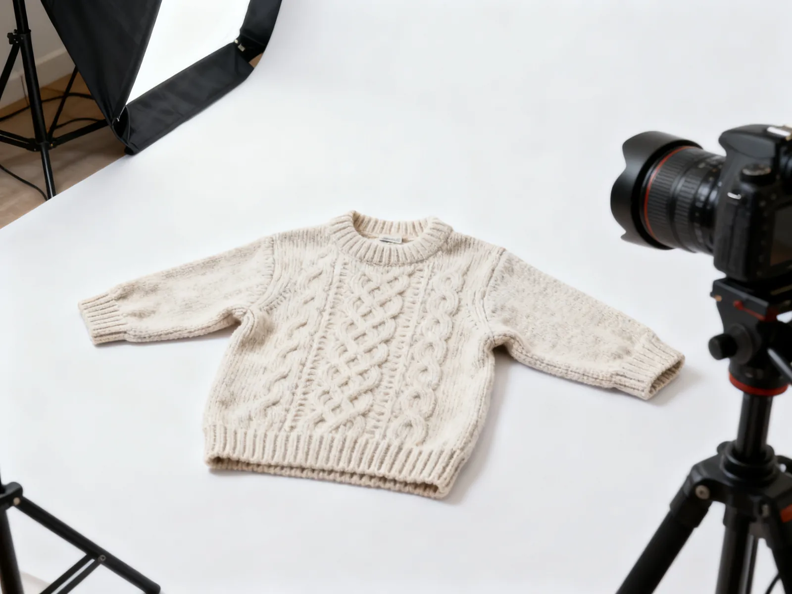 Illustration (AI-generated): a knit dog sweater laid flat in a white photo studio with a camera