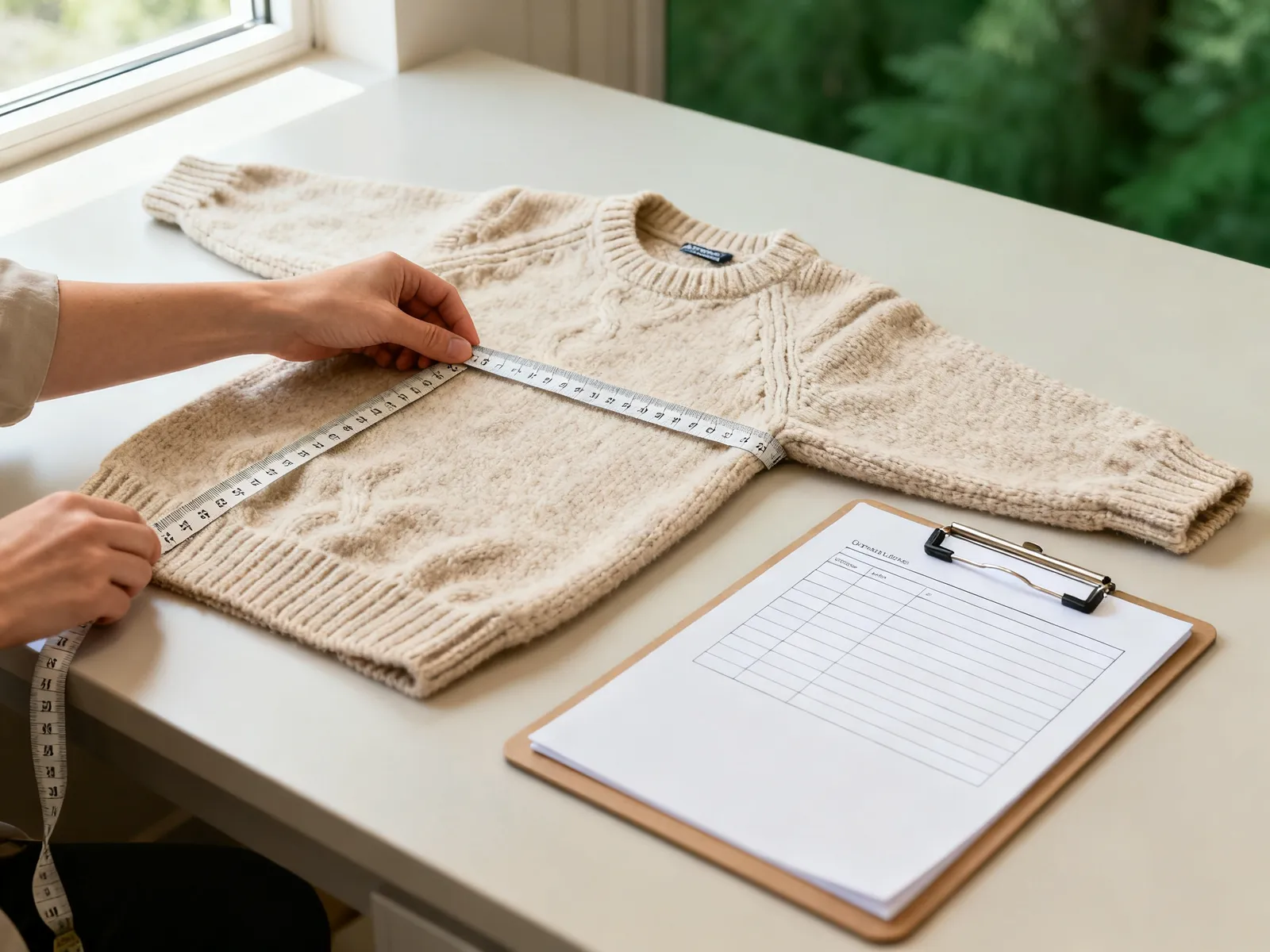 Illustration (AI-generated): a dog sweater laid flat on an inspection table while its chest width is measured, with a checklist on a clipboard