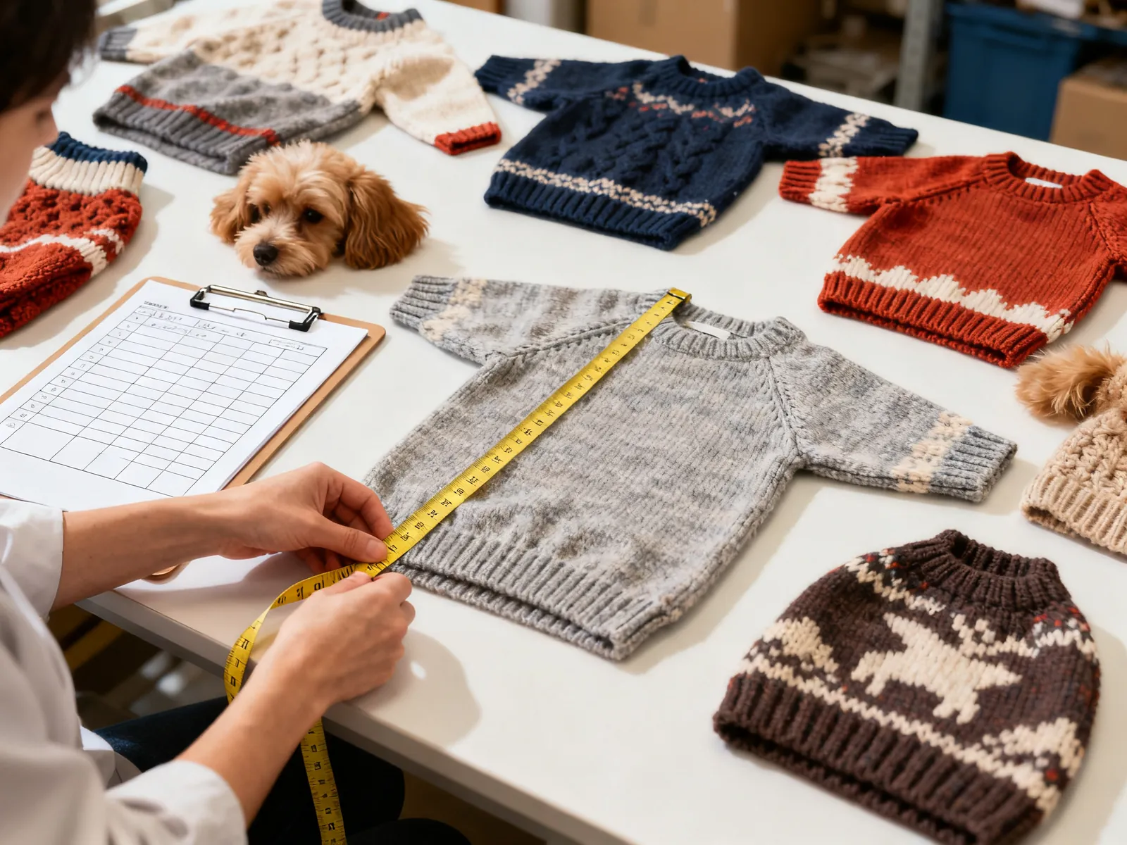 Illustration (AI-generated): measuring knit dog sweaters on a quality check table