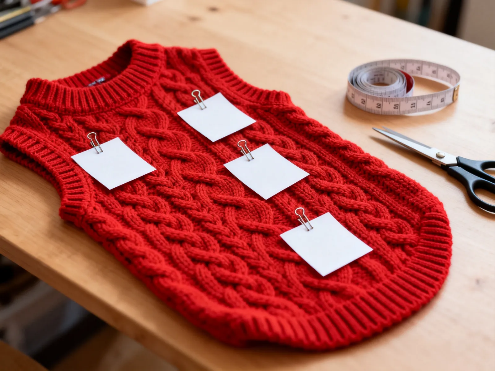 Illustration (AI-generated): red cable-knit dog sweater sample with pinned blank comment tags, tape measure and scissors
