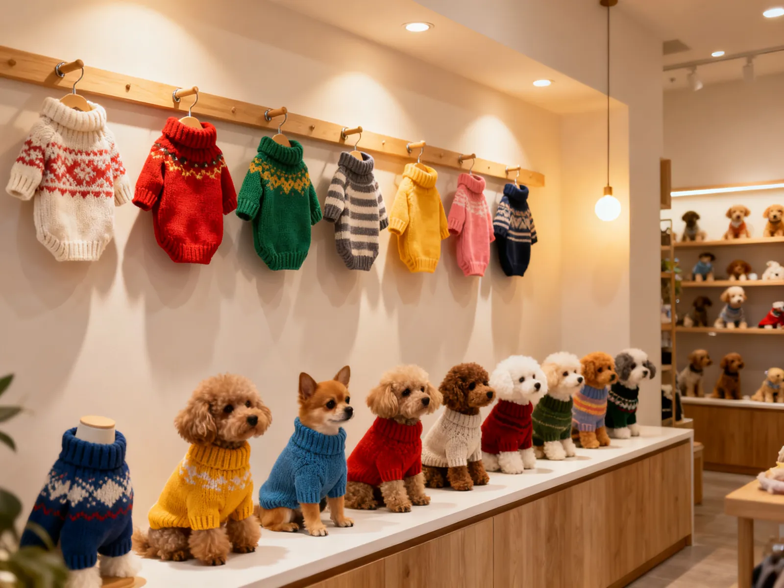 Illustration (AI-generated): a sample showroom with knit dog sweaters on rails and display tables