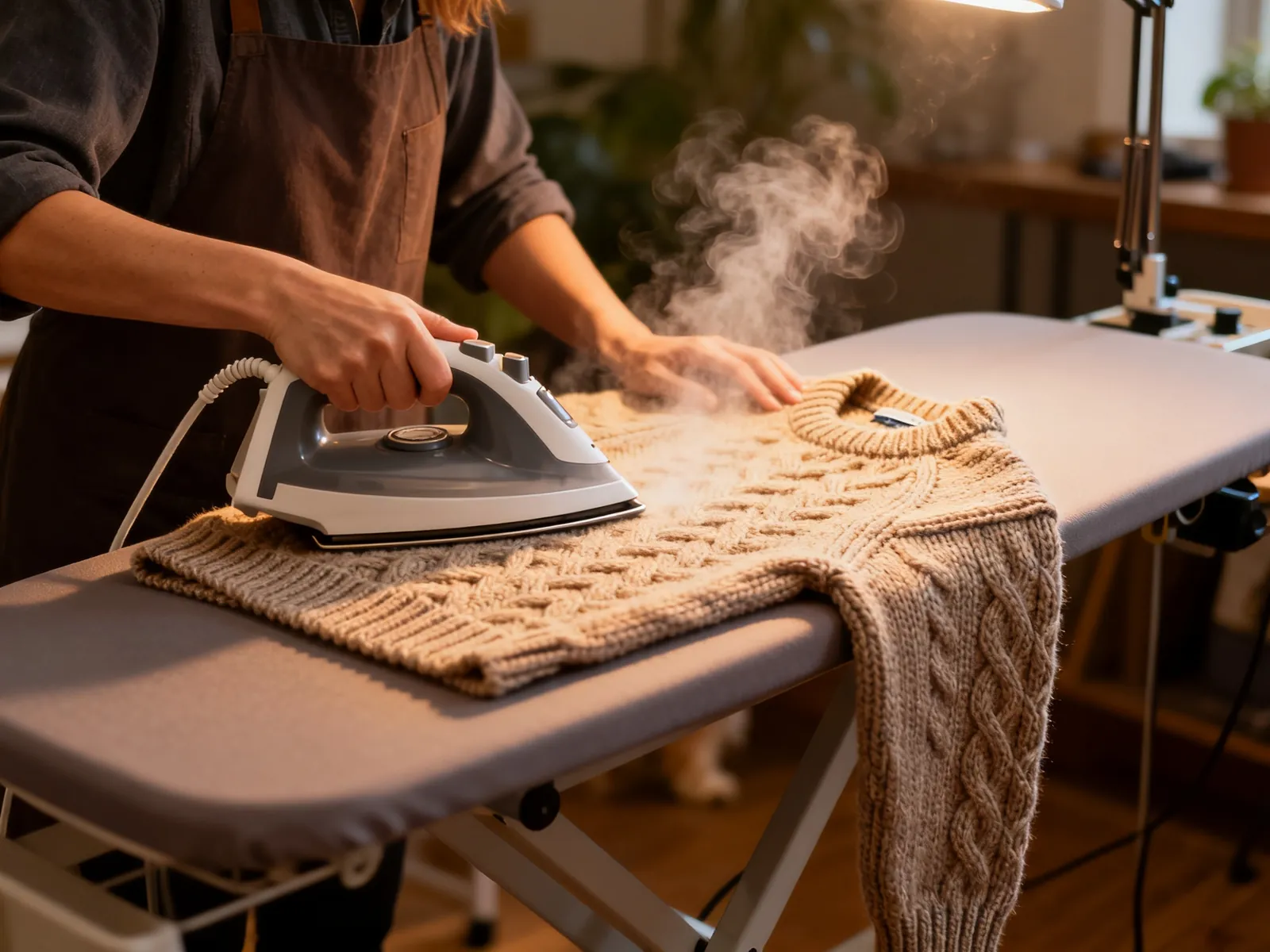 Illustration (AI-generated): steam pressing a knit dog sweater on a pressing table