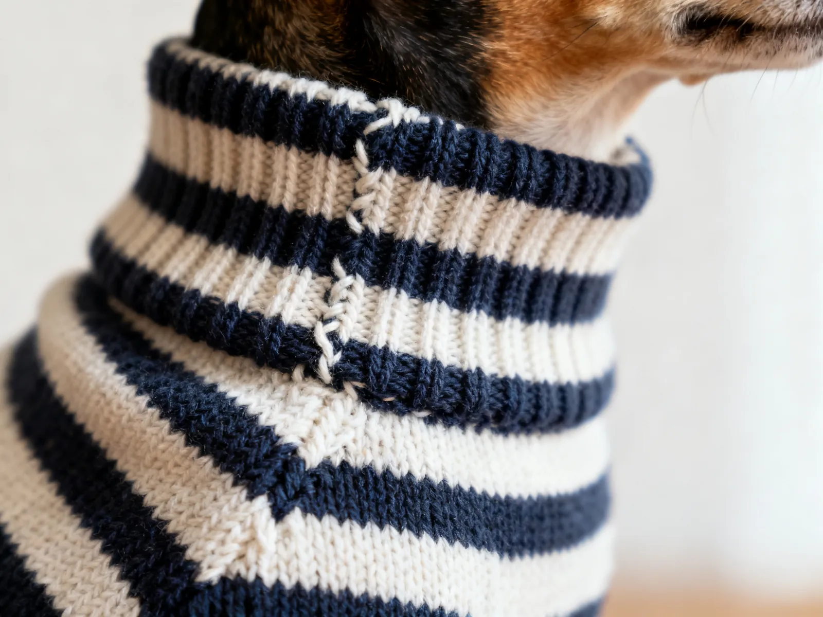 Illustration (AI-generated): close-up of a striped rib collar on a knit dog sweater