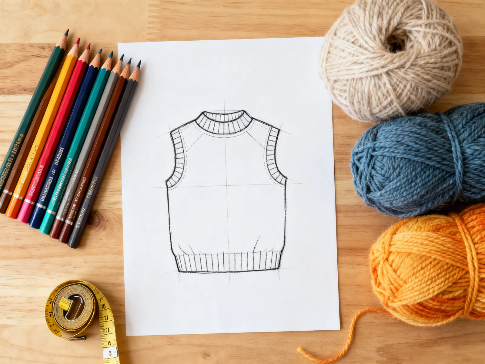 Illustration (AI-generated): a hand-drawn flat sketch of a dog sweater with pencils, yarn and a tape measure