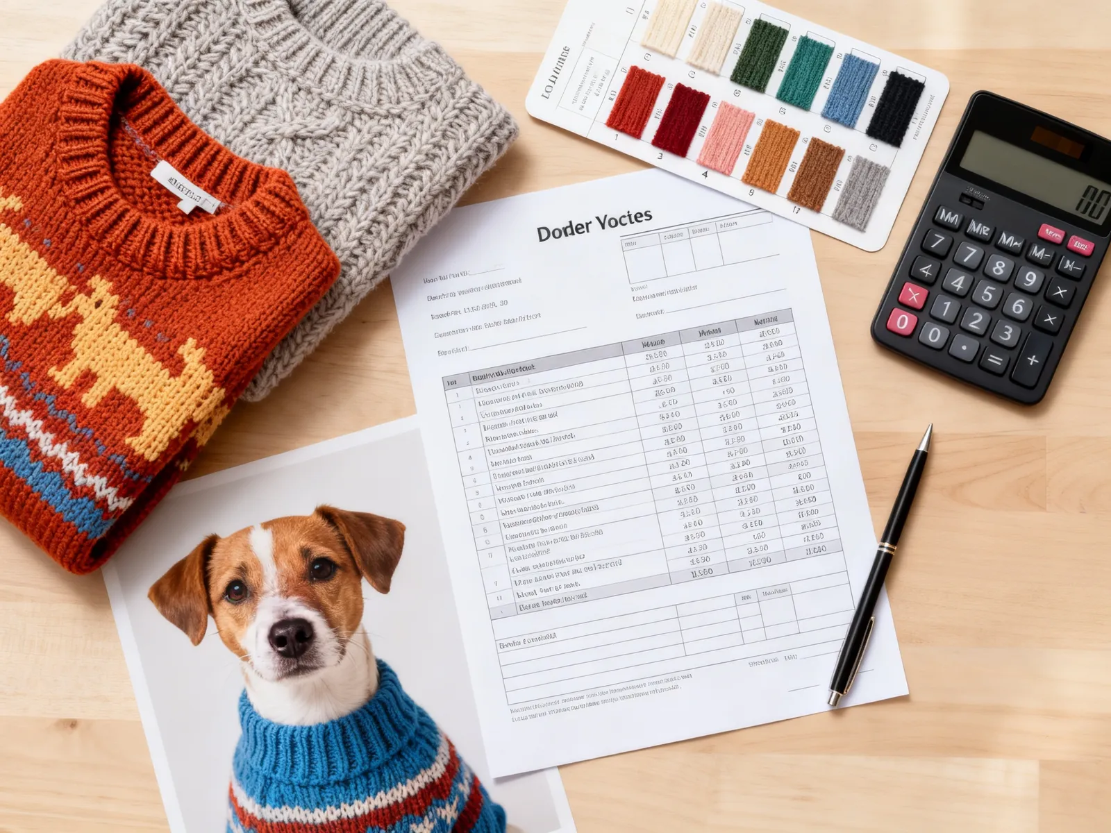 Illustration (AI-generated): a quote sheet, color cards and dog sweater samples on a desk