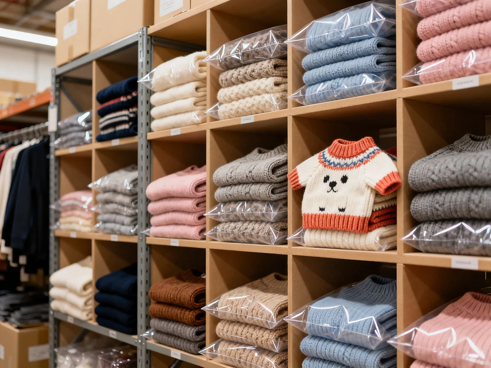 Illustration (AI-generated): folded knit pet sweaters in clear bags on warehouse shelves