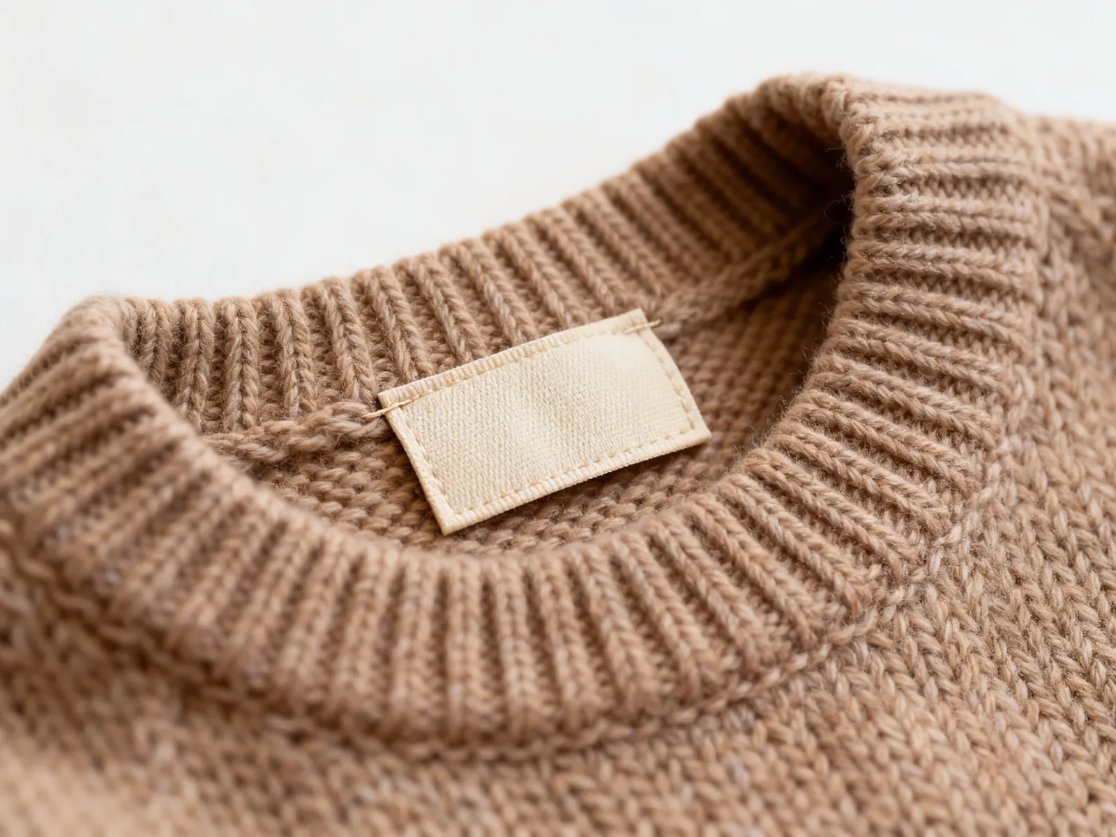 Illustration (AI-generated): a blank woven label sewn inside the neck of a knit dog sweater