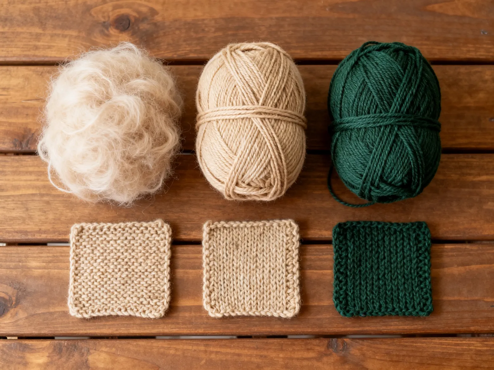 Illustration (AI-generated): three yarn types with matching knitted swatches on a wooden table