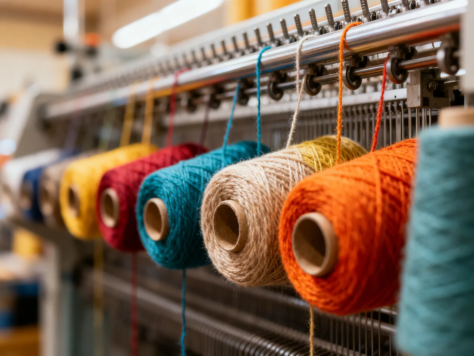 Illustration (AI-generated): colored yarn cones on a knitting machine creel