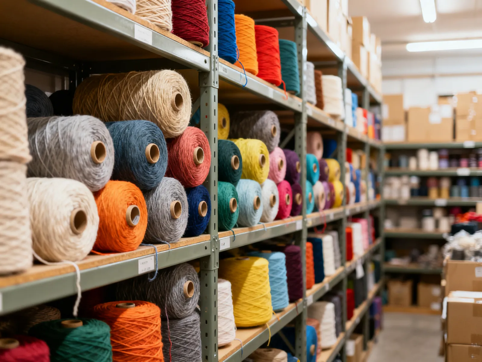 Illustration (AI-generated): shelves of colored yarn cones in a yarn store room