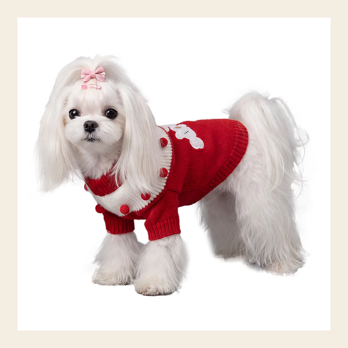 Christmas Red Knit with Pom-Pom Trim dog sweater