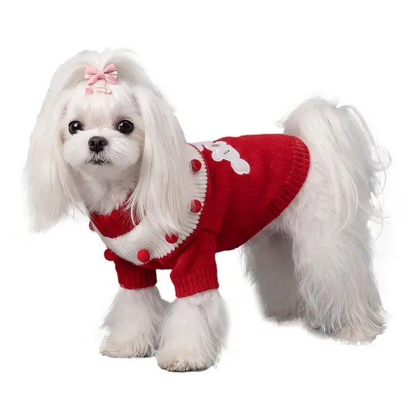 Christmas Red Knit with Pom-Pom Trim dog sweater, style PK-W19