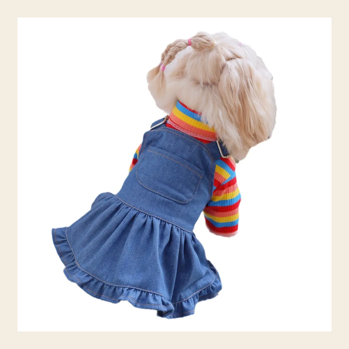 Rainbow Stripe Turtleneck & Denim Pinafore Set dog sweater
