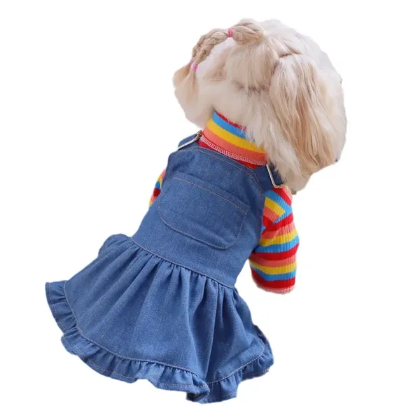 Rainbow Stripe Turtleneck & Denim Pinafore Set dog sweater, style PK-W25